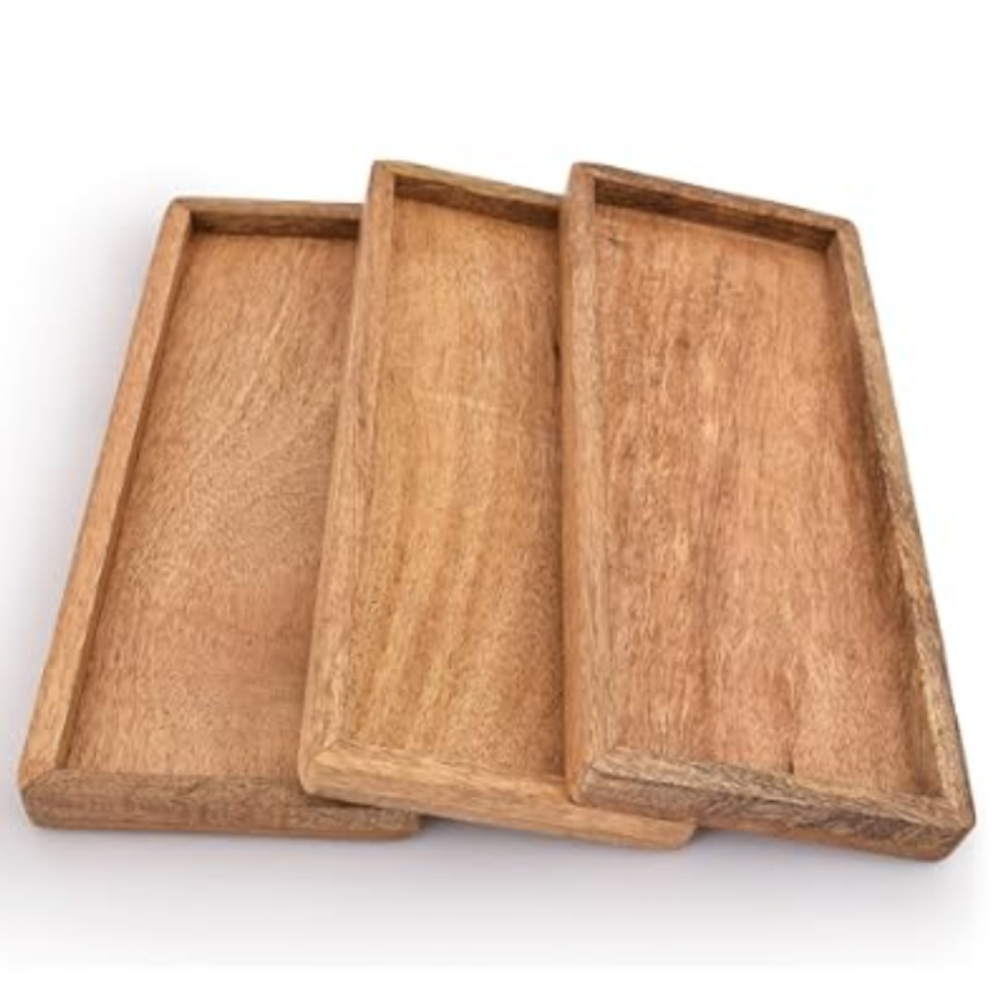 Set 3 Trays Rectangle Carved Mango Wood Food Safe Breakfast Tray Cafecore Boho